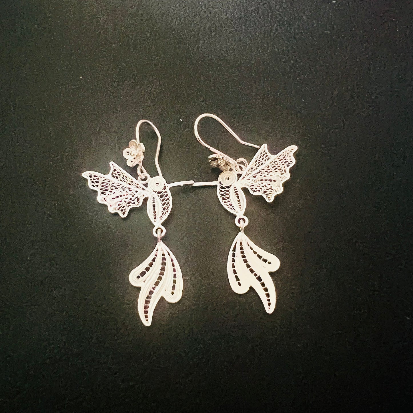 Large hummingbird earrings in silver, handmade in Ecuador