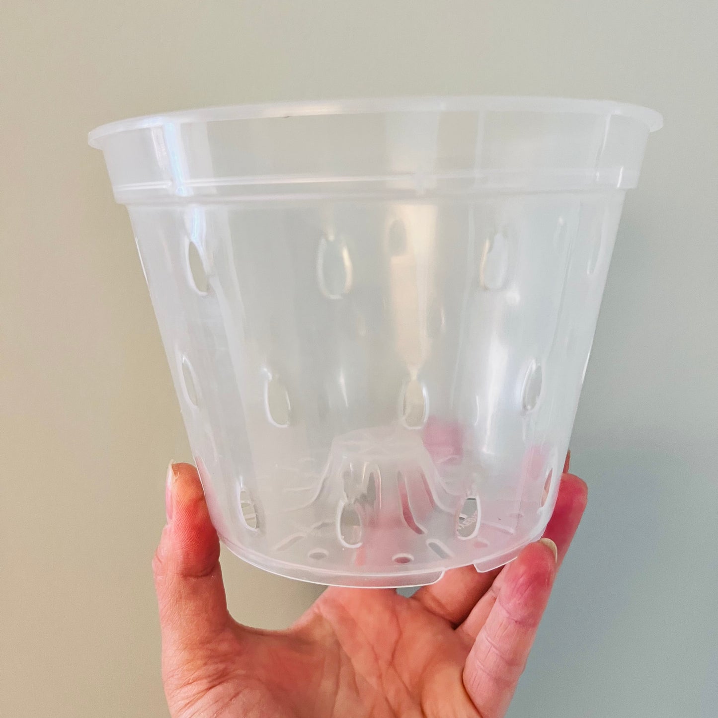 Transparent plastic pot with holes, Ø 14 cm