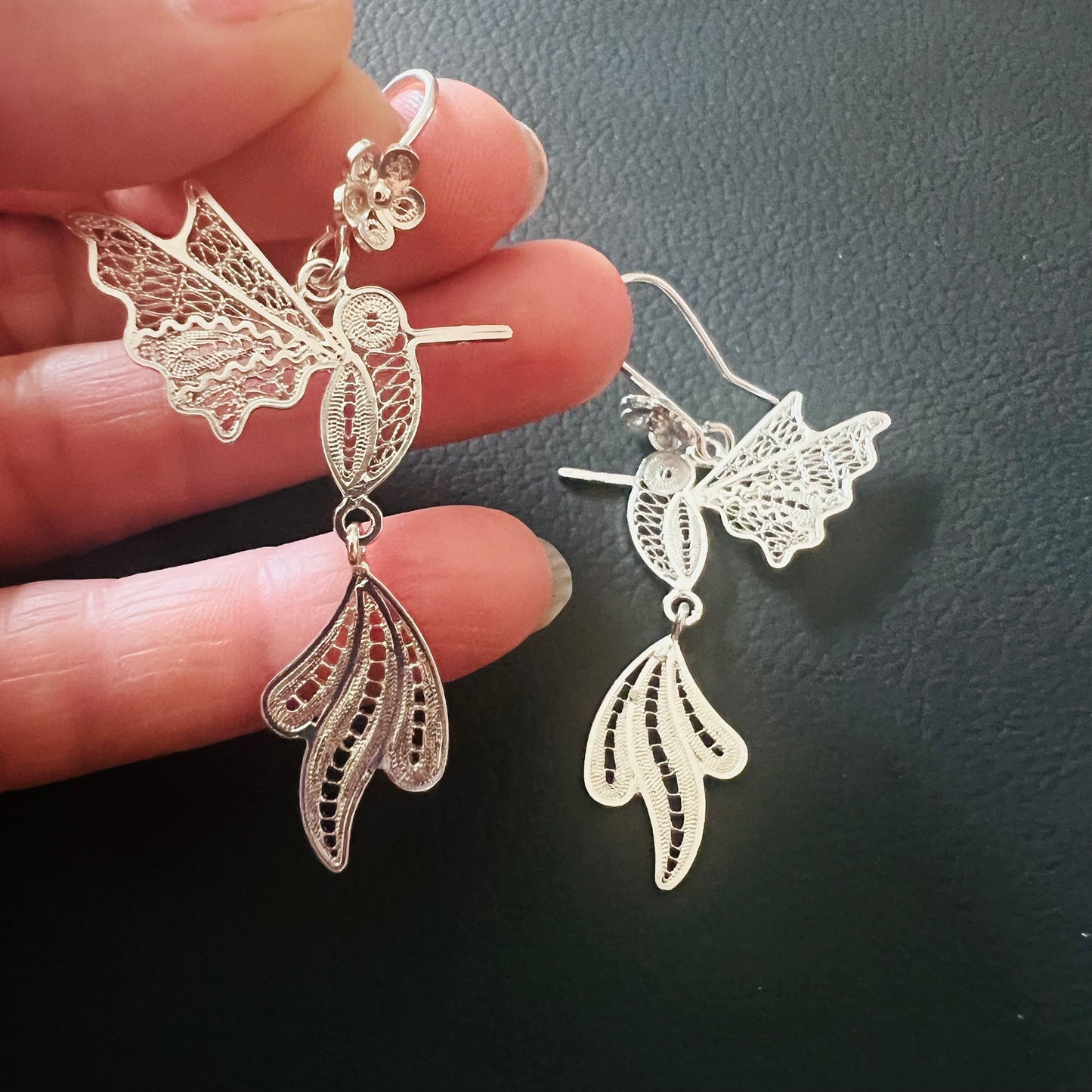 Large hummingbird earrings in silver, handmade in Ecuador