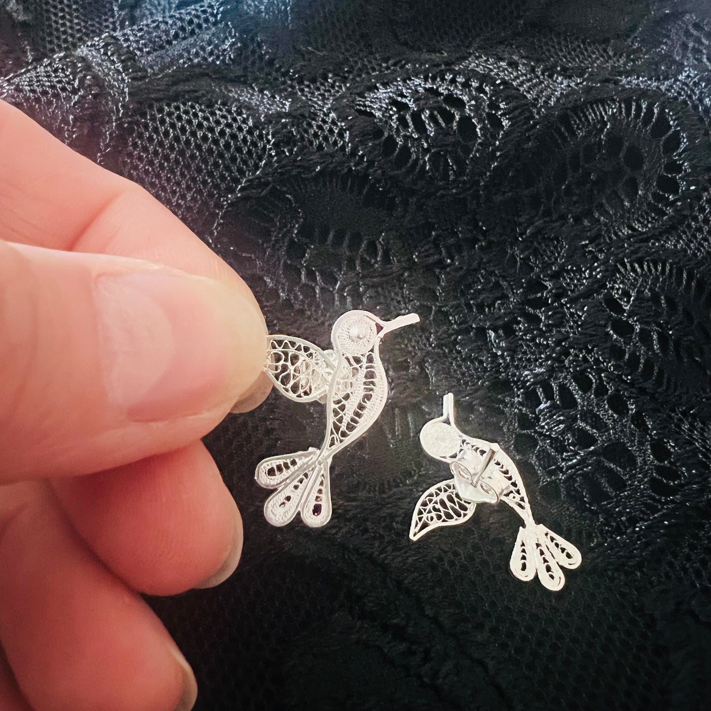 Hummingbird earrings in silver, handmade in Ecuador